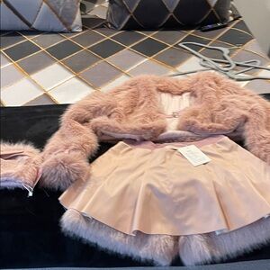 Pink Faux Fur Mini 3 pice coat top skort
